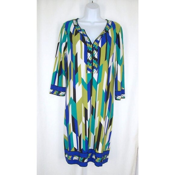 London Times Blue Green Retro Shift Dress 10 Geometric Knit Stretch Vneck - Picture 1 of 7